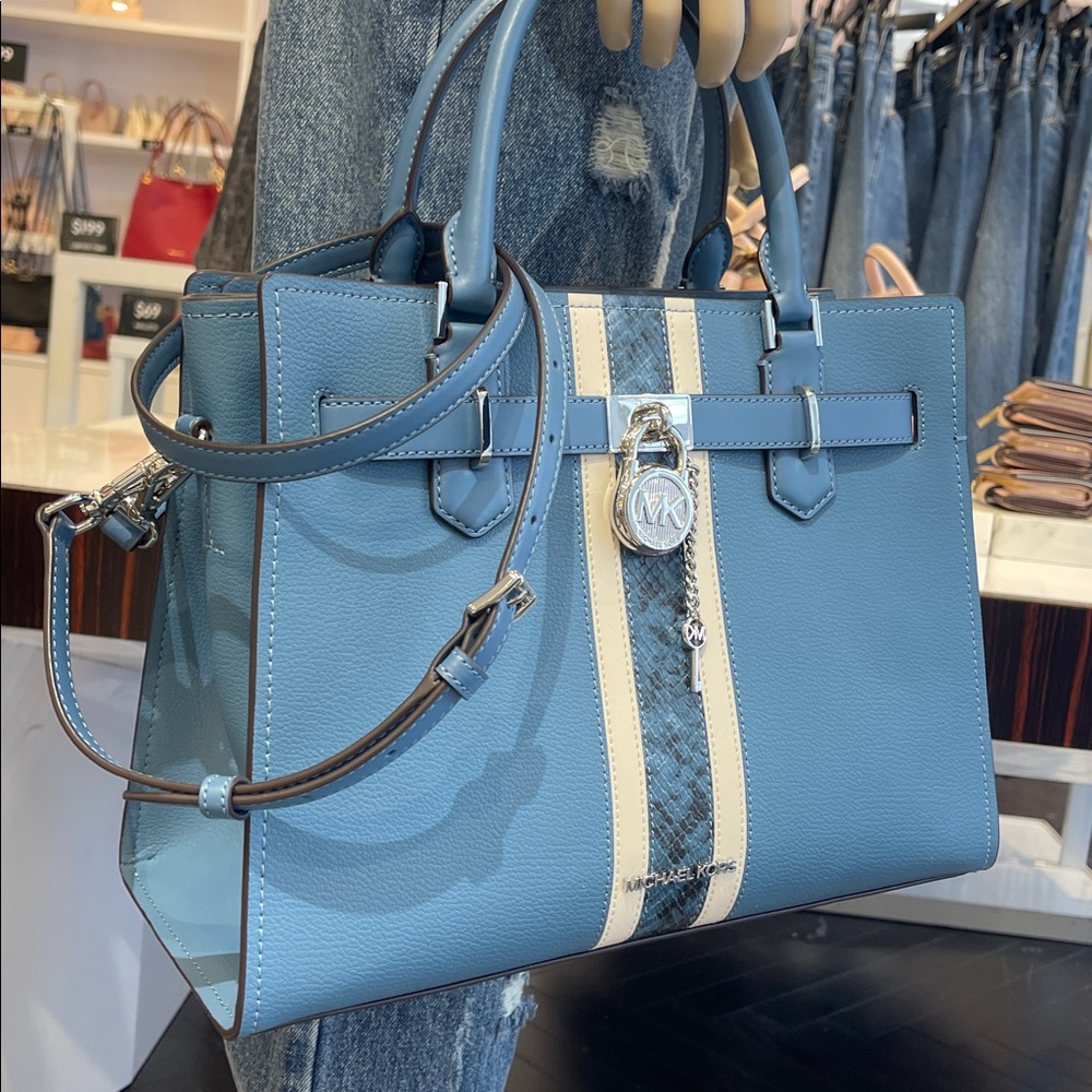 MICHAEL KORS Hamilton Md Leather and Snake Embossed Stripe Satchel
Cornflower - Picture 13 of 16